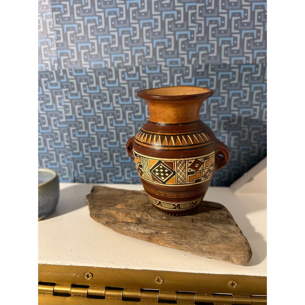 Small Hand Painted Terracotta Geometric Pottery Vase with Handles Earth Tones